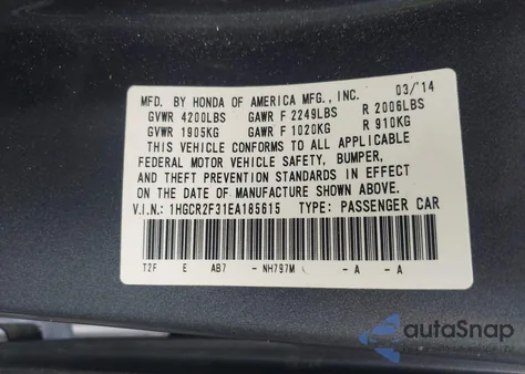 2014 Honda Accord Lx from USA, damaged, VIN 1HGCR2F31EA185615